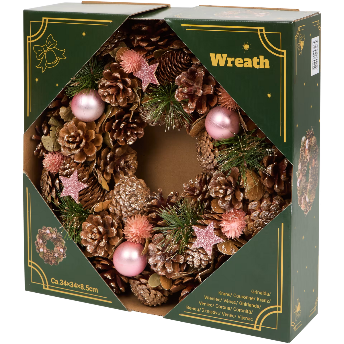 Ghirlanda Natalizia di Pigne con Stelle e Palline Rosa