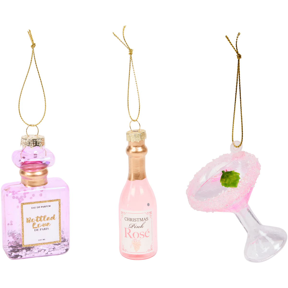 Cocktail Rosa - Set di 3 Addobbi Natalizi in Vetro