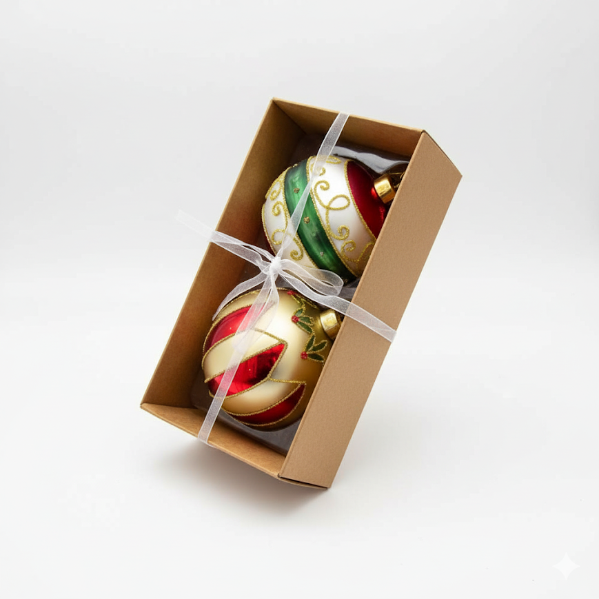 Palle di Natale Oro Rosso e Verde - Set di 2, in vetro soffiato