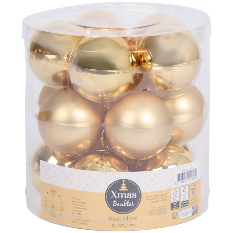 Palle per Albero di Natale in Vetro - Set da 15 Pezzi Oro