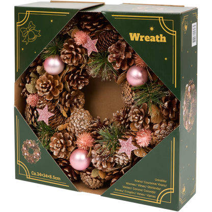 Ghirlanda Natalizia di Pigne con Stelle e Palline Rosa