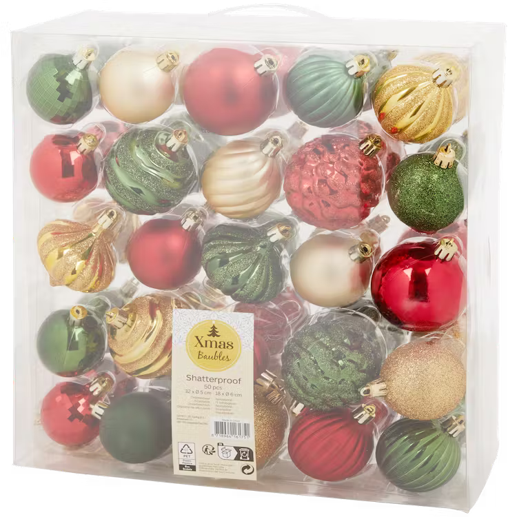 Palle per Albero di Natale - Set da 50 Pezzi, Verde Oro e Rosso