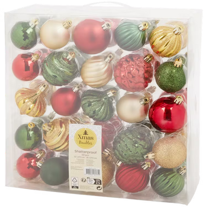 Palle per Albero di Natale - Set da 50 Pezzi, Verde Oro e Rosso