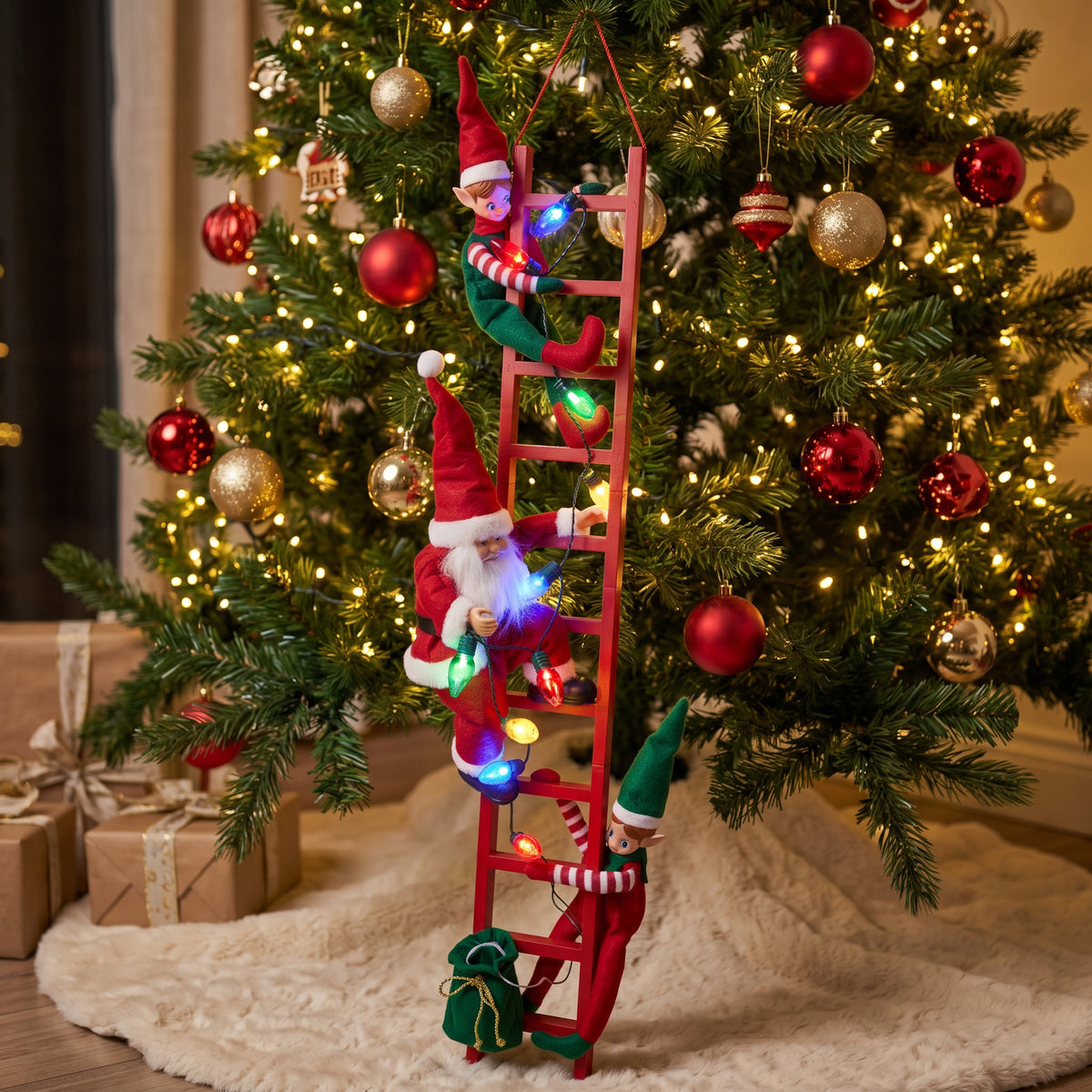 Scala natalizia con Babbo Natale ed elfi - Decorazione luminosa