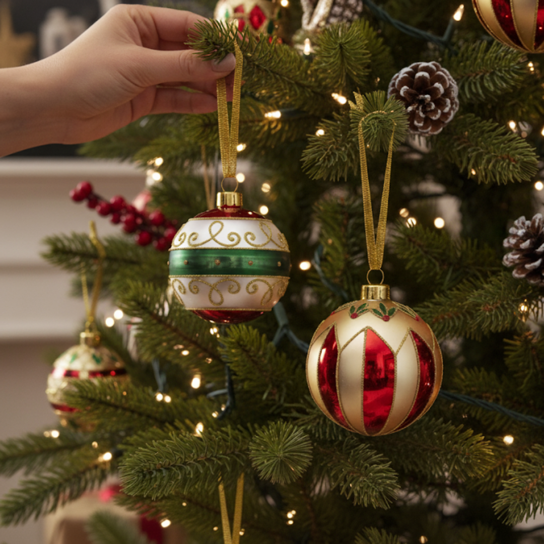 Palle di Natale Oro Rosso e Verde - Set di 2, in vetro soffiato