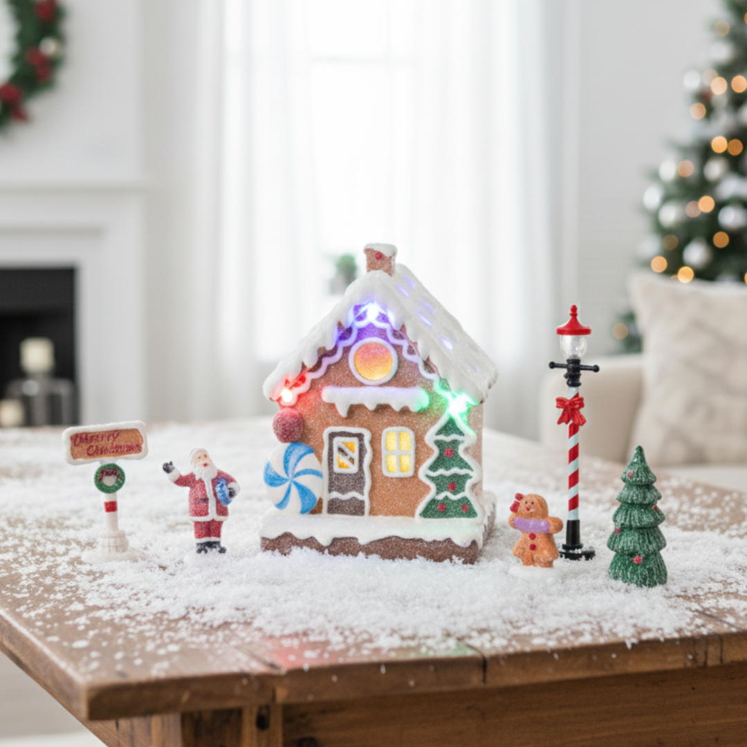 Casetta di Pan di Zenzero con Personaggi - Set Villaggio di Natale Con Luci